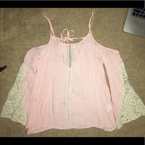Baby pink top with lace embroidered sleeves